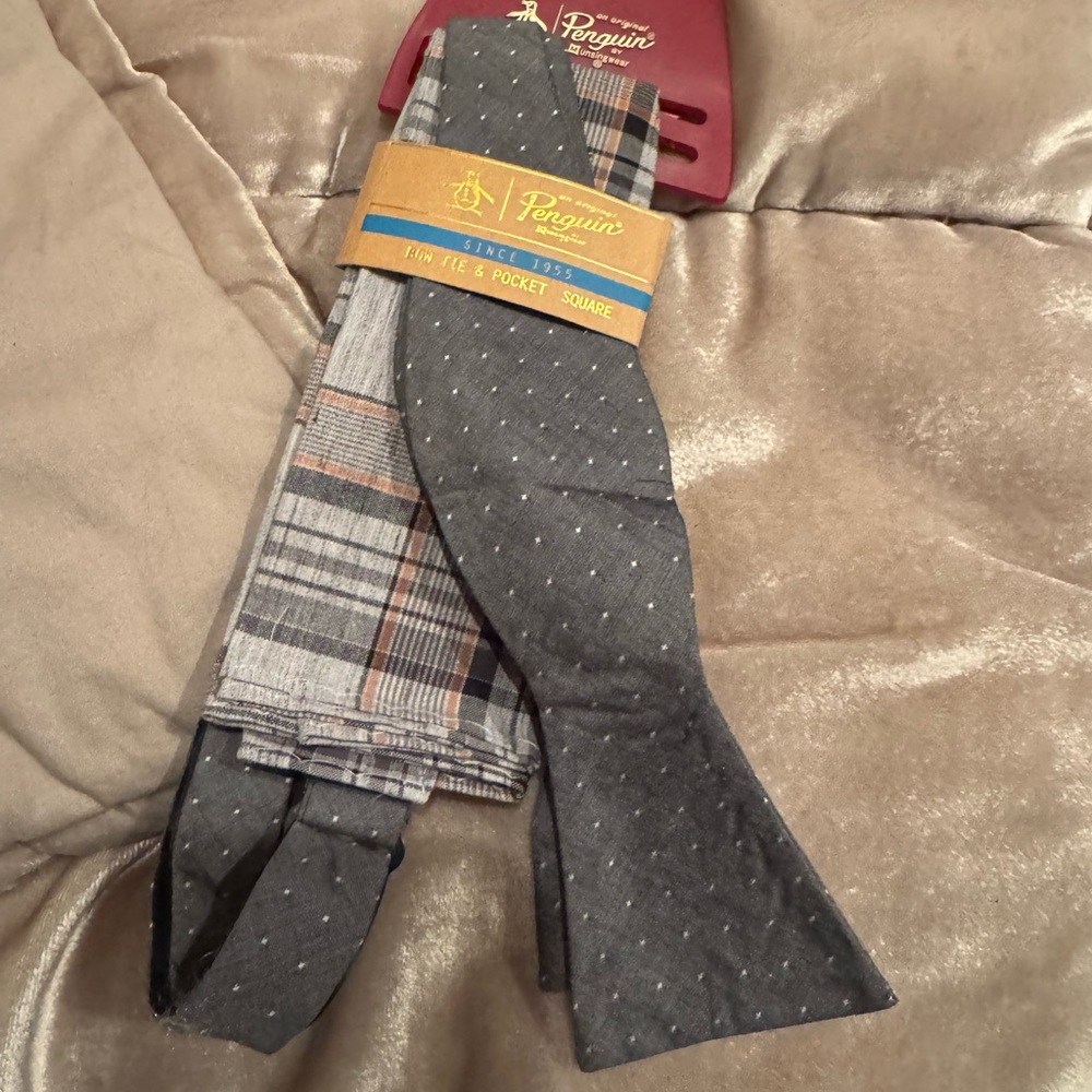 Original Penguin Gray and Plaid Bow Tie Set